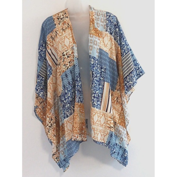 Kori Other - Kori Open Front Kimono Topper S/M‎ Mixed Print Media Boho Artsy Blue Beach Flowy